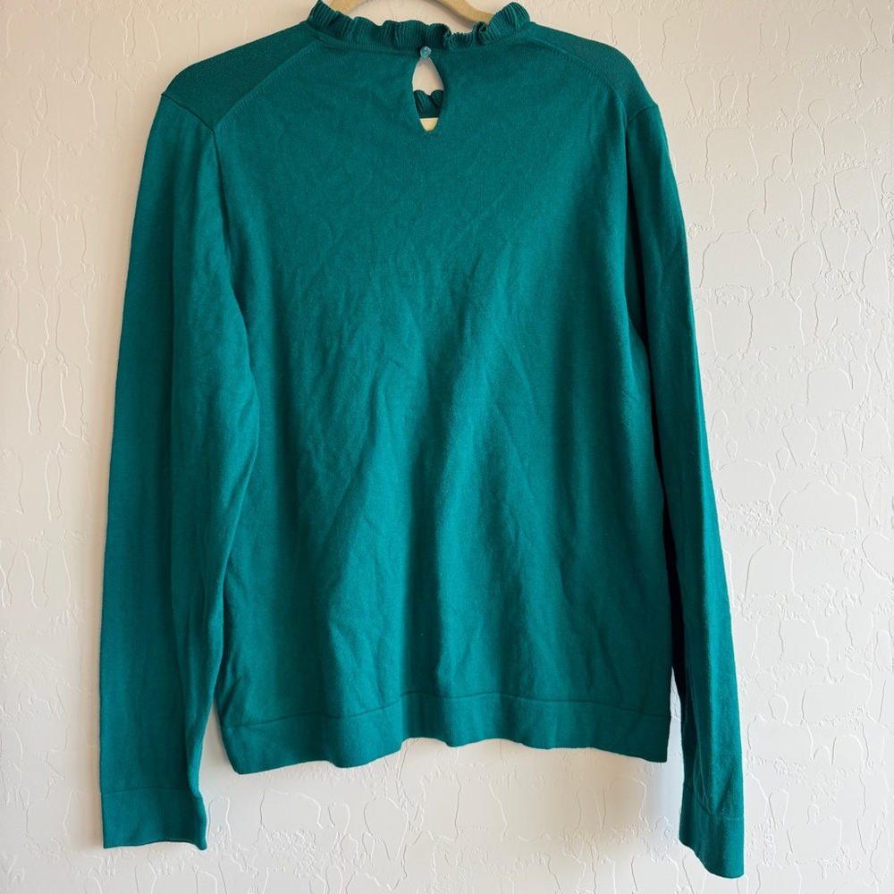 J. Crew Women’s Large Teal Ruffle Neck Cotton Sweater Keyhole Back Long Sleeve L - Picture 2 of 6